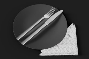 餐盘餐具餐巾图案设计样机模板 Napkin, Plate with Cutlery Mockup