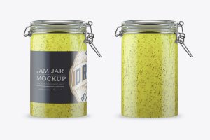 猕猴桃果酱罐包装设计样机psd模板 Kiwi Jam in Classic Jar Mockup