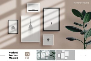 逼真的多尺寸相框画框样机模板 Various Frames on a wall – Realistic Mockup