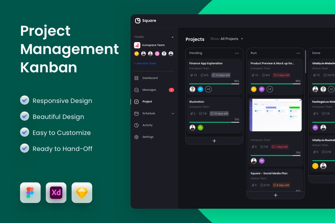 暗黑主题项目管理响应式仪表盘设计模板 Dark Responsive Kanban Project Management App UI Kit
