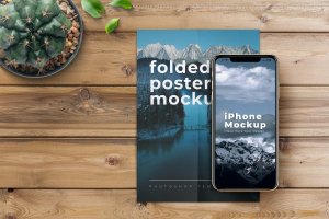 极简折叠海报&iPhone Pro设备样机模板 Minimalist Folded Poster and iPhone Pro Mockup