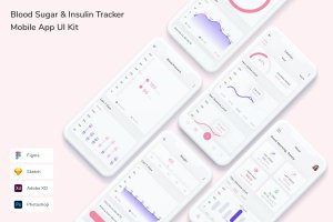 血糖胰岛素健康跟踪器主题手机App UI界面设计套件 Blood Sugar & Insulin Tracker Mobile App UI Kit