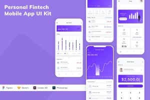 个人金融科技应用App模板UI套件 Personal Fintech Mobile App UI Kit