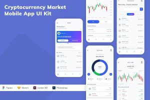 加密货币市场App手机应用程序UI设计素材 Cryptocurrency Market Mobile App UI Kit