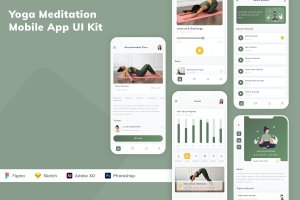 瑜伽冥想App手机应用程序UI设计素材 Yoga Meditation Mobile App UI Kit