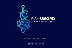 鱼剑线条艺术标志Logo设计模板 Fish Sword Line Art Logo