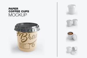 盖子纸咖啡杯品牌包装设计样机套装 Set Paper Coffee Cup With Sleeve Mockup