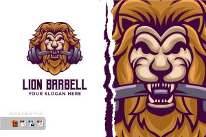 狮子杠铃健身房Logo矢量吉祥物设计模板 Lion Barbell Gym Logo Vector Mascot Design