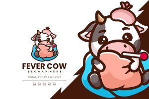 发烧奶牛卡通标志Logo设计模板 Fever Cow Cartoon Logo