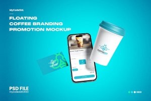 浮动手机/名片/纸杯咖啡品牌推广样机 Floating Coffee Branding Promotion Mockup