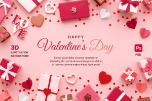 情人节礼品3D Banner背景模板 Valentines Day Banner Background with Gifts
