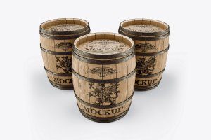 葡萄酒木桶标签品牌设计样机 Set Wooden Barrels Mockup