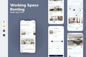 办公室租赁App移动应用设计UI工具包 Working Space Renting Mobile App UI Kit