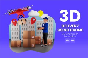 无人机交付3D角色插画素材 Delivery Using Drone 3D Character Illustration