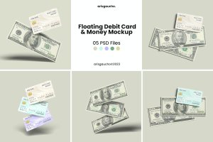 浮动借记卡和货币设计样机 Floating Debit Card and Money Mockup