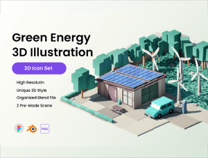 小咖下午茶：绿色能源房子场景3D插画