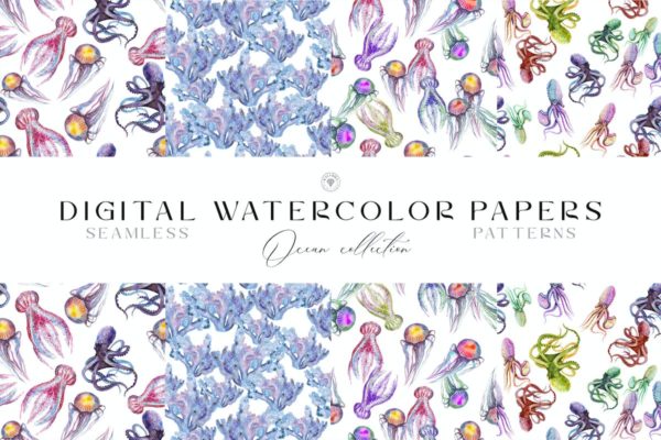 水彩海洋生物图案 Watercolor Ocean Patterns