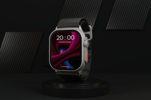 深色背景智能手表样机模板 Dark Background Smartwatch Mockup