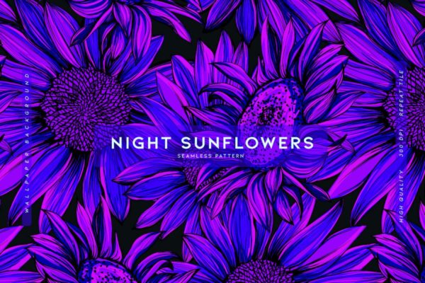 深紫色向日葵植物无缝图案 Night Sunflowers