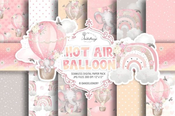 水彩热气球动物宝宝数字纸图案 Watercolor Hot Air balloon baby digital paper pack