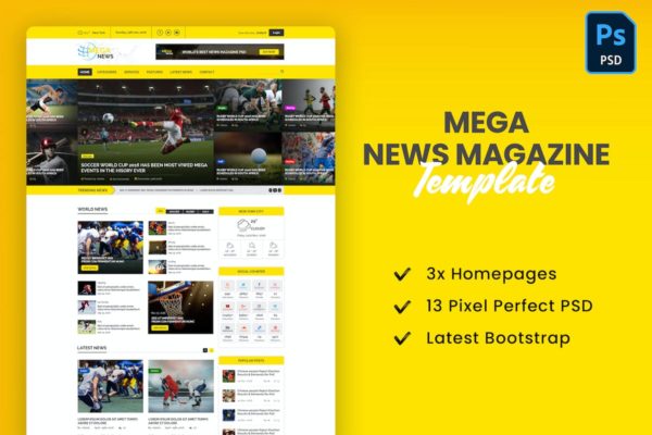 大型新闻杂志网站设计PSD模板 Mega News Magazine PSD Template
