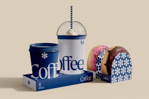 外卖咖啡杯和甜甜圈包装样机模板 Take Away Coffee Cup and Donuts Mockup