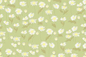 绿色菊花矢量无缝图案 Vector Seamless Pattern with Daisy Flower on Green