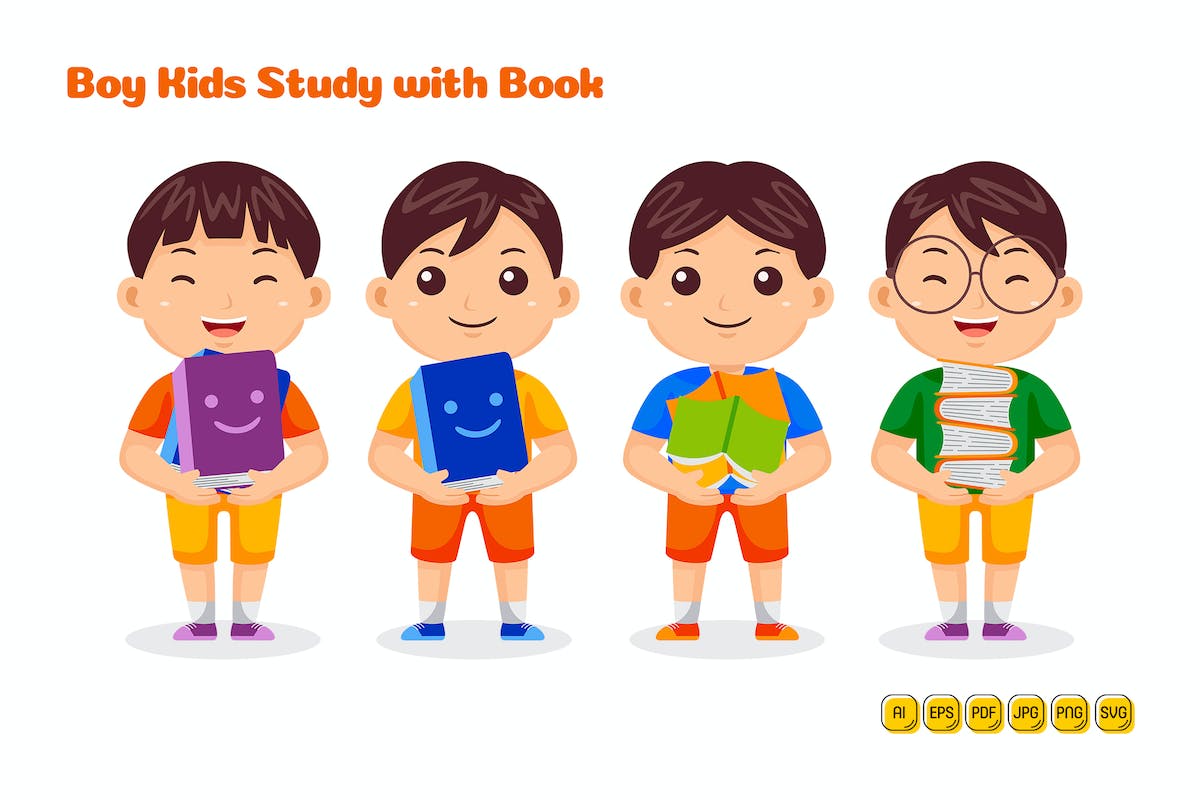 男孩儿童学习书籍矢量插画 Boy Kids Study with Book Vector Pack #01