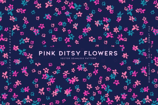 蓝色&粉色花朵无缝图案素材 Pink Ditsy Flowers