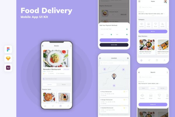 食品配送移动应用程序 UI 套件 Food Delivery Mobile App UI Kit