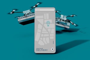 送货无人机和智能手机应用程序样机 Delivery Drone and Smartphone App Mockup