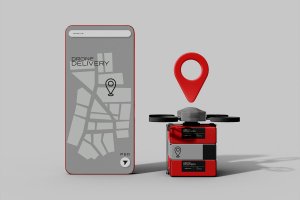 送货无人机和智能手机应用程序样机 Delivery Drone and Smartphone App Mockup