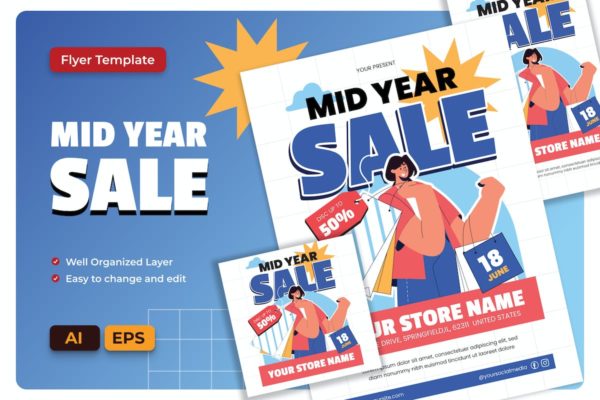 年中销售海报设计 Mid Year Sale Flyer AI & EPS Template