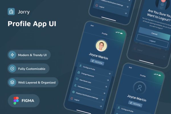 暗黑模式个人资料界面应用程序UI模板 Jorry – Profile Dark Mode App UI