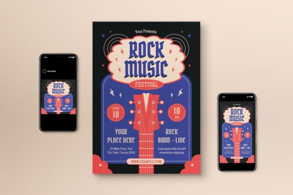 黑色复古摇滚音乐节宣传单PSD素材 Black Retro Rock Music Festival Flyer Set