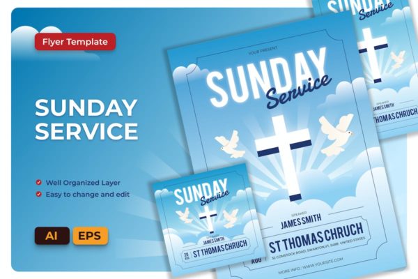 周日服务海报传单设计模板 Sunday Service Flyer AI & EPS Template