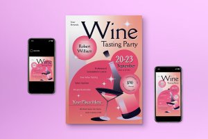 粉色渐变色品酒派对传单套装 Pink Gradient Wine Tasting Party Flyer Set