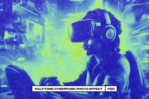 半色调赛博朋克照片效果PSD模板 Halftone Cyberpunk Photo Effect