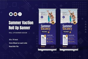 暑假夏日度假易拉宝横幅设计模板 Summer Vacation Roll Up Banner
