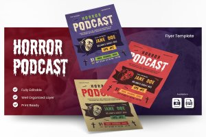 恐怖故事/鬼故事播客传单 Ai 和 EPS 模板 Horror Podcast Flyer Ai & EPS Template