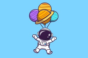 可爱的宇航员与行星气球漂浮矢量插画 Cute Astronaut Floating With Planet Balloon