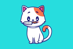 可爱的猫与刀卡通插画 Cute Cat With Knife Cartoon Illustration