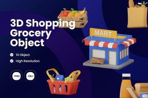 3D购物杂货插图图标集合 3D Icon Shopping Grocery Illustration Collection