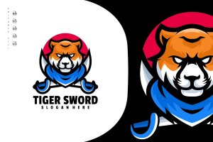 虎剑人物卡通吉祥物标志 Tiger Sword Character Cartoon Mascot Logo