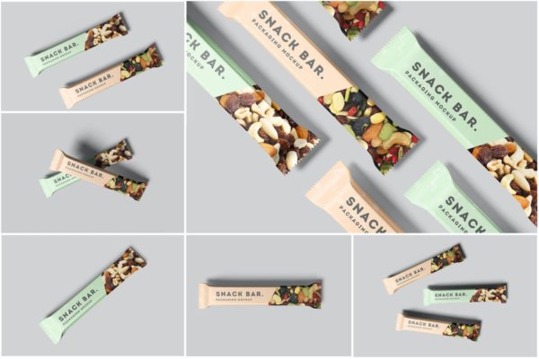 零食小吃店包装样机 Snack Bar Packaging Mockup