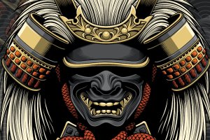 武士将军头盔和面具矢量图案素材 Samurai General Helmet and Mask