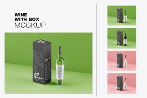 酒瓶和包装设计预览样机 Set Box and Wine Bottles Mockup