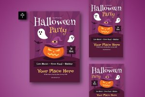 紫色扁平风格万圣节派对传单套装 Purple Flat Halloween Party Flyer Set 003