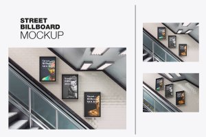 地铁场景广告海报样机 Subway Scene with 3 Advertisement Posters Mockup