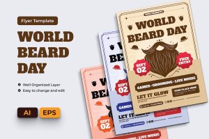 世界胡须日传单 Ai 和 EPS 模板 World Beard Day Flyer Ai & EPS Template